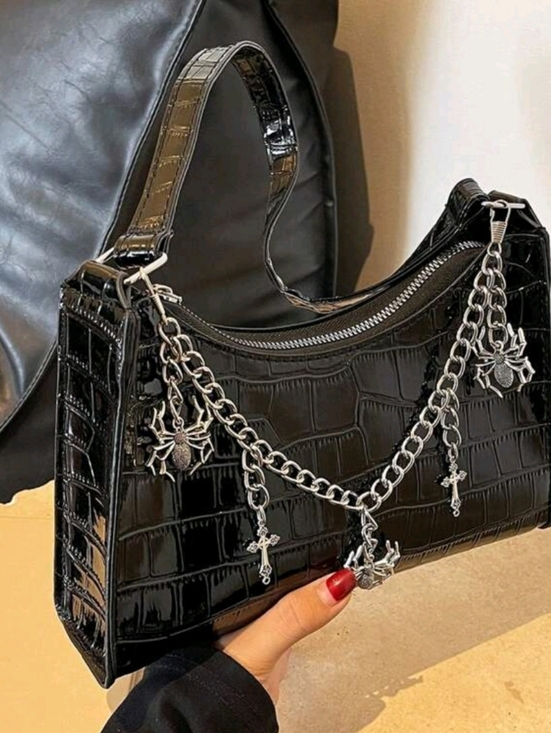 Black Croc-Embossed Shoulder Bag with Silver Chain Charms